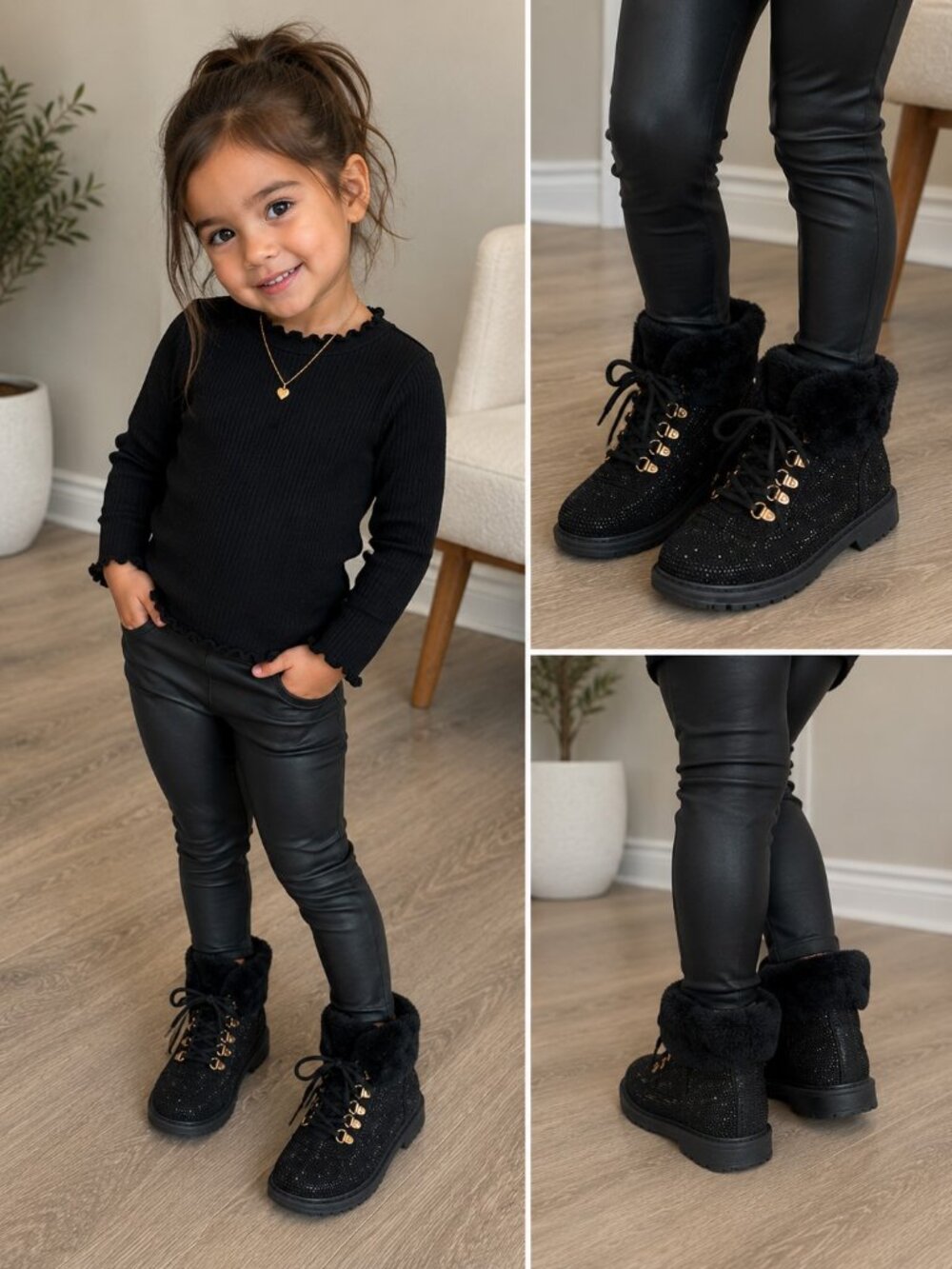 Dolce Vita “ENNIE” Girls Black Sparkle Faux Fur Booties Size 2